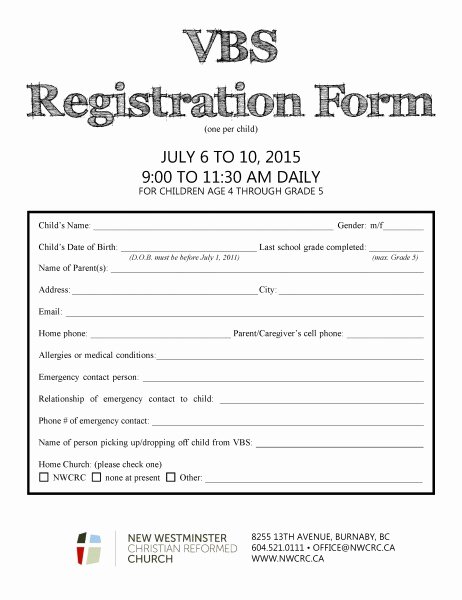 Church Registration form Beautiful Vbs New Westminster Christian Reformed Church In Burnaby Bc