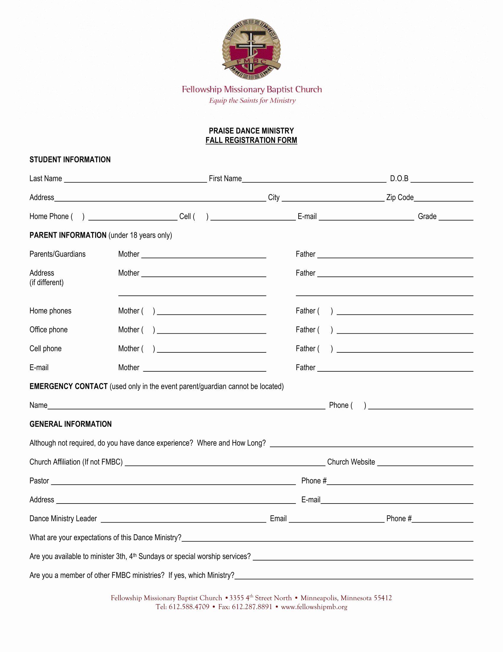 Church Registration form Best Of 10 Dance Registration form Samples