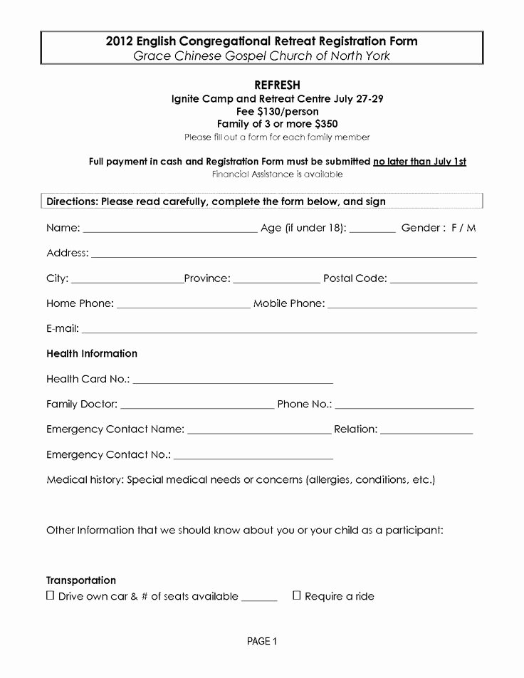 Church Registration form Fresh Retreat Registration forms