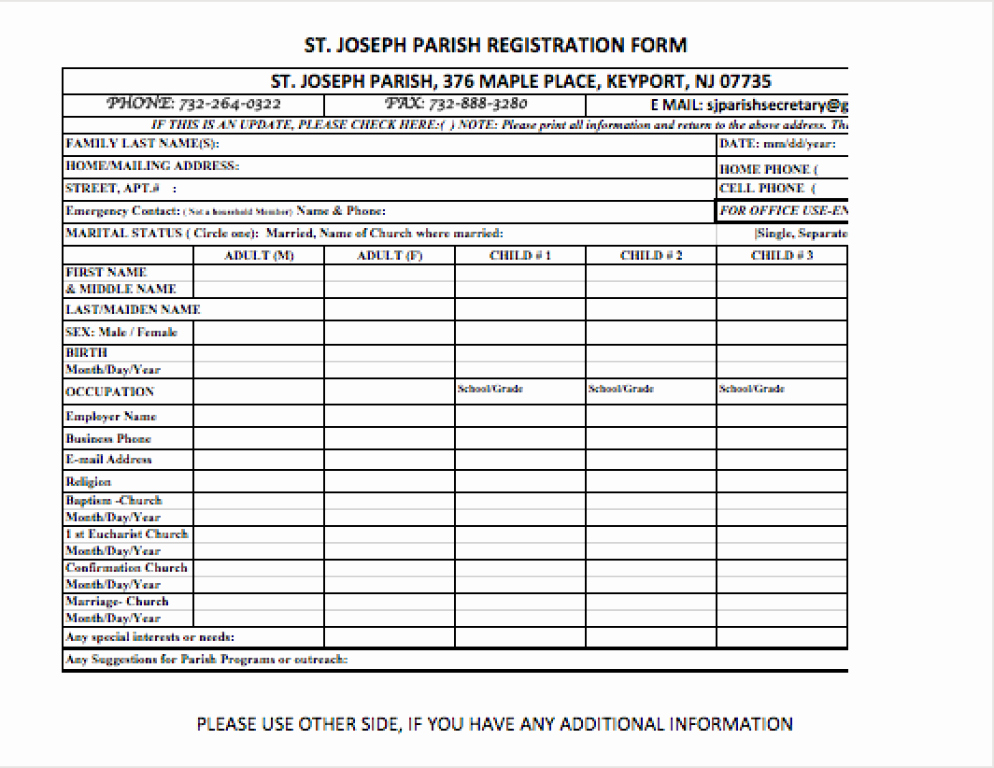 Church Registration form New Parish Registration form