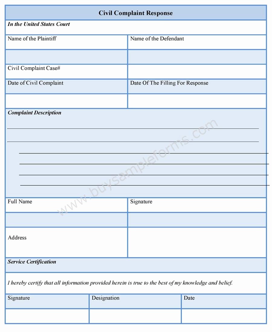 Civil Complaint form Template Awesome Civil Plaint Response form