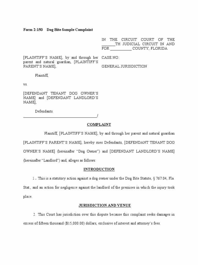 Civil Complaint form Template New Dog Bite Sample Plaint Damages