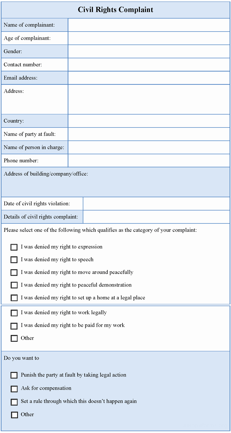 Civil Complaint form Template Unique Civil Rights Plaint form Sample forms