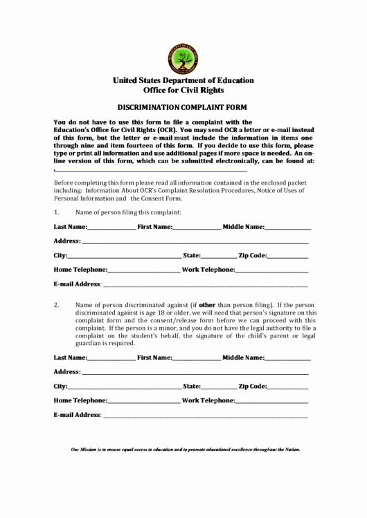 Civil Complaint form Template Unique Fillable Discrimination Plaint form Printable Pdf