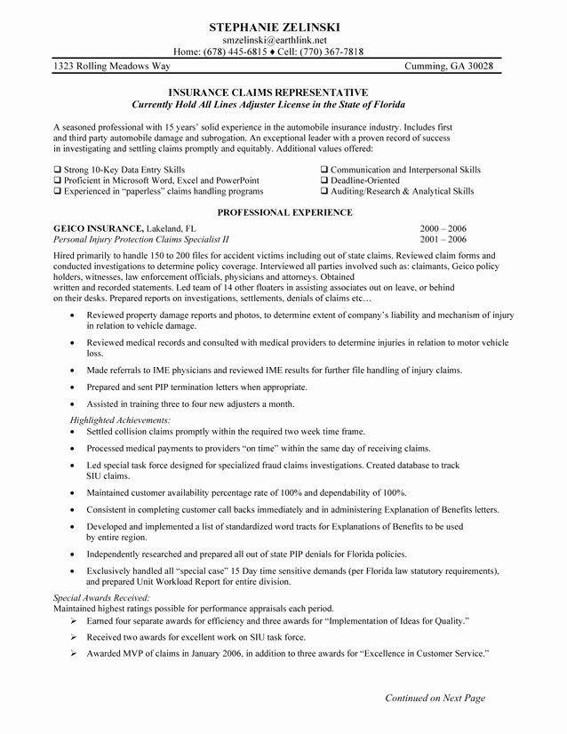 Claims Adjuster Resume Sample Awesome Claims Representative Resume Sample Samplebusinessresume