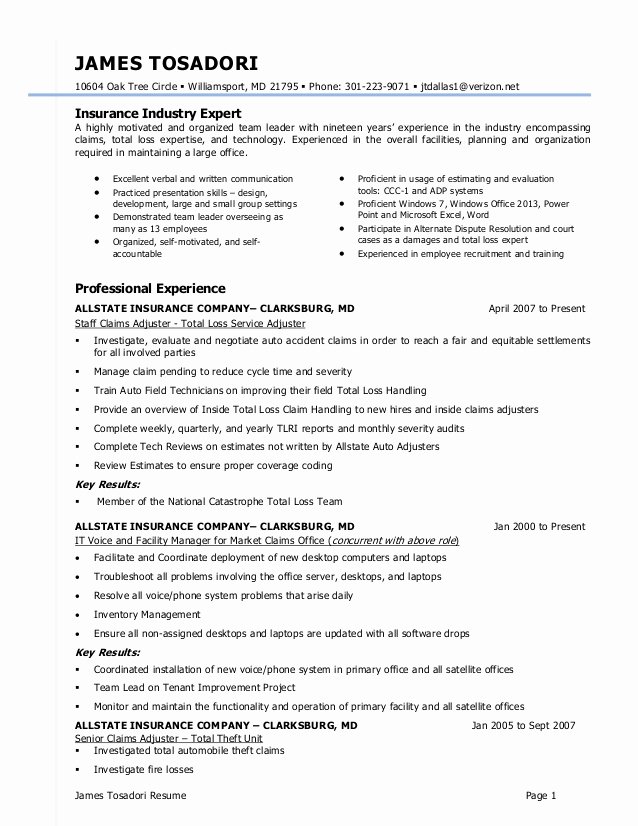 Claims Adjuster Resume Sample Elegant J tosadori Resume