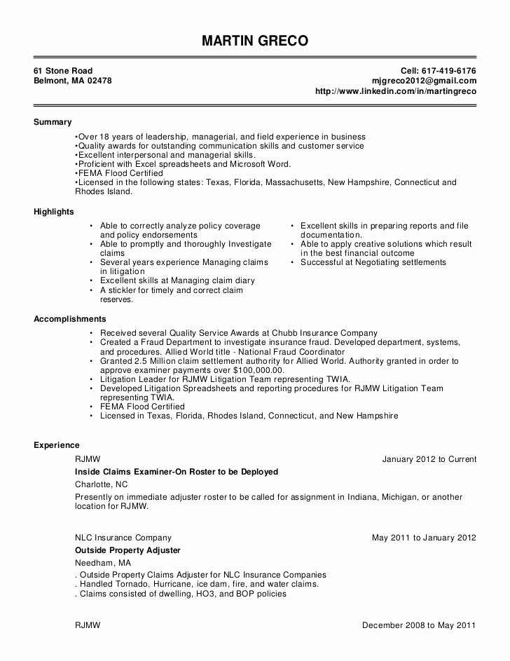 Claims Adjuster Resume Sample New Martin Greco Resume 2 3 1