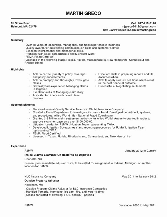 Claims Adjuster Resume Sample Unique Claims Adjuster Resume