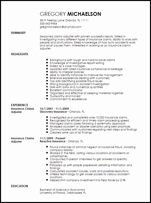 Claims Adjuster Resume Sample Unique Resume for Insurance Resume Sample