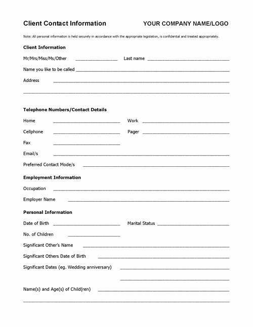 Client Contact form Fresh Client Info Sheet Template