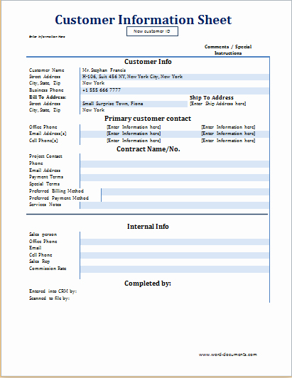 Client Data Sheet Template Beautiful Customer Information Sheet Template at Word Documents