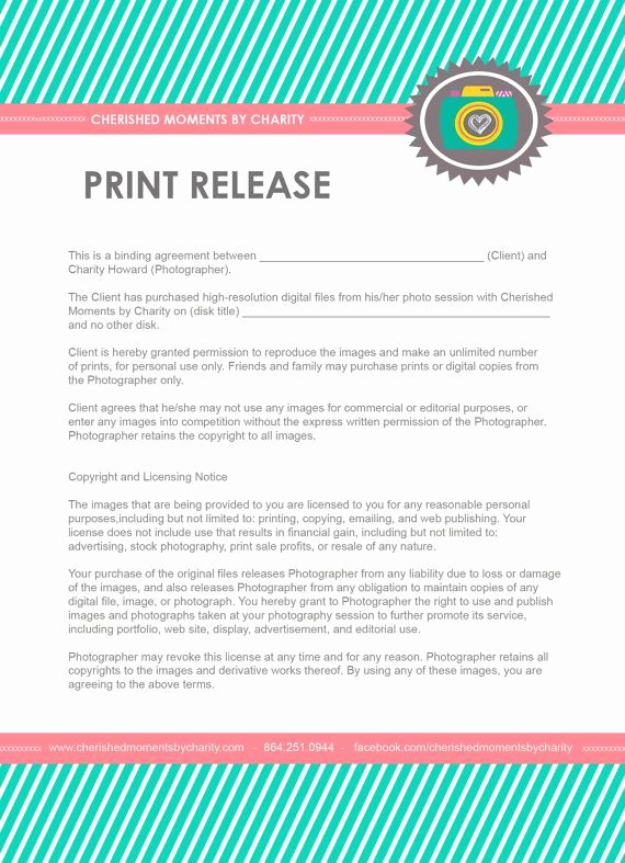 Client Print Release form Template Awesome Print or Copyright Release for Photographers Only $8 by