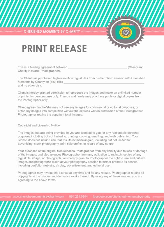 Client Print Release form Template Best Of Print or Copyright Release for Photographers Only $8 by