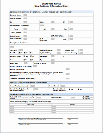 Client Profile Template Word Unique Customer Information Sheet Template