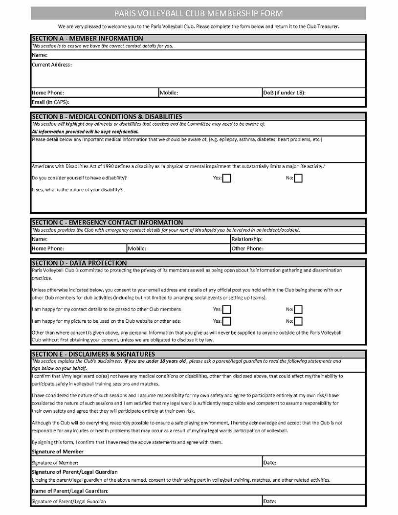 Club Application Template Inspirational Paris Volleyball Club Membership form