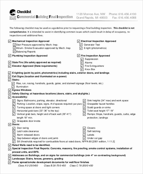Commercial Property Inspection Checklist Inspirational Building Checklist Templates 16 Word Pdf format