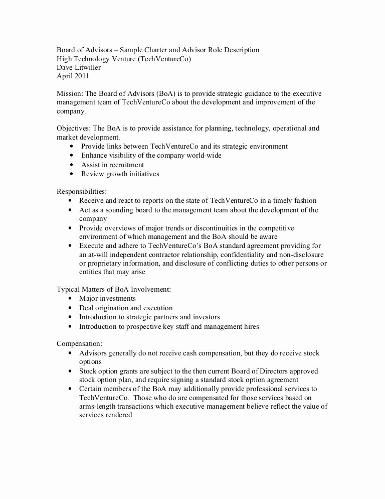 Company Charter Example Unique Board Of Advisors Sample Charter and Advisor Role Description