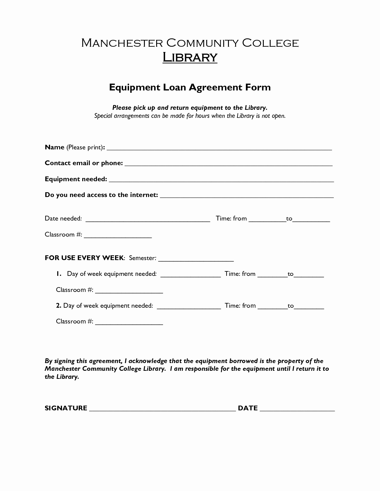 Company Equipment Use and Return Policy Agreement Elegant Printable Sample Loan Agreement form form