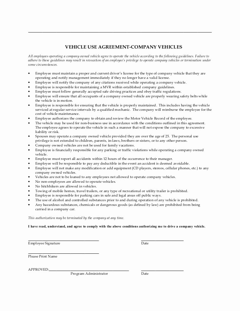 Company Equipment Use and Return Policy Agreement New Pany Vehicle Use Agreement