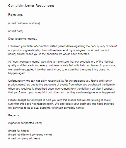 Complaint Response Template Lovely Plaint Letter Response Example Rejecting