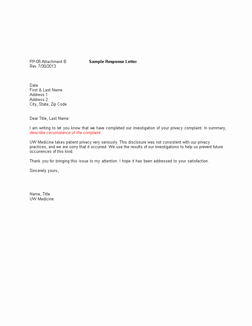 Complaint Response Template New Free Patient Privacy Plaint Response Letter Template