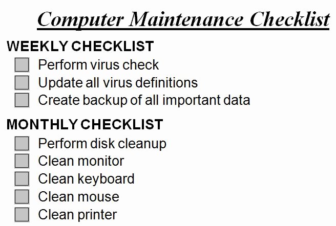 Computer Repair Checklist Template Awesome Puter Maintenance Checklist