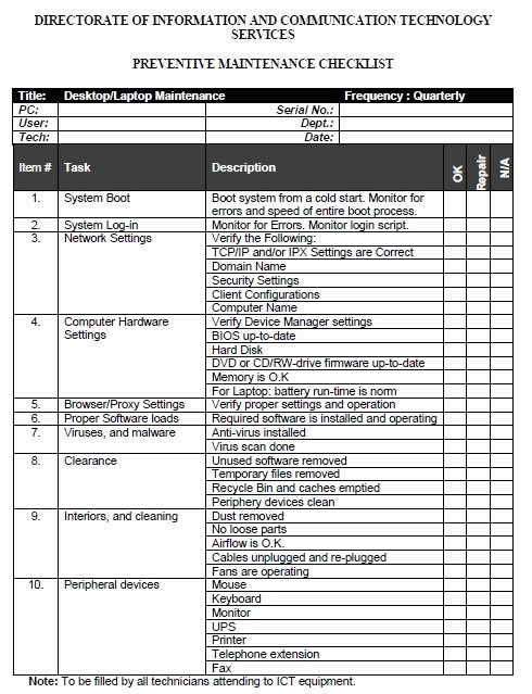 Computer Repair Checklist Template Elegant 12 Free Sample Puter Maintenance List Templates