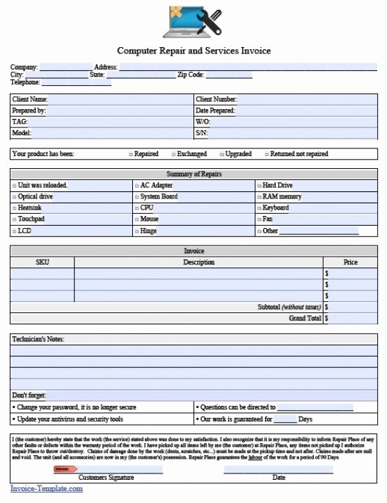 Computer Repair Checklist Template Unique Puter Repair Invoice Template Pdf