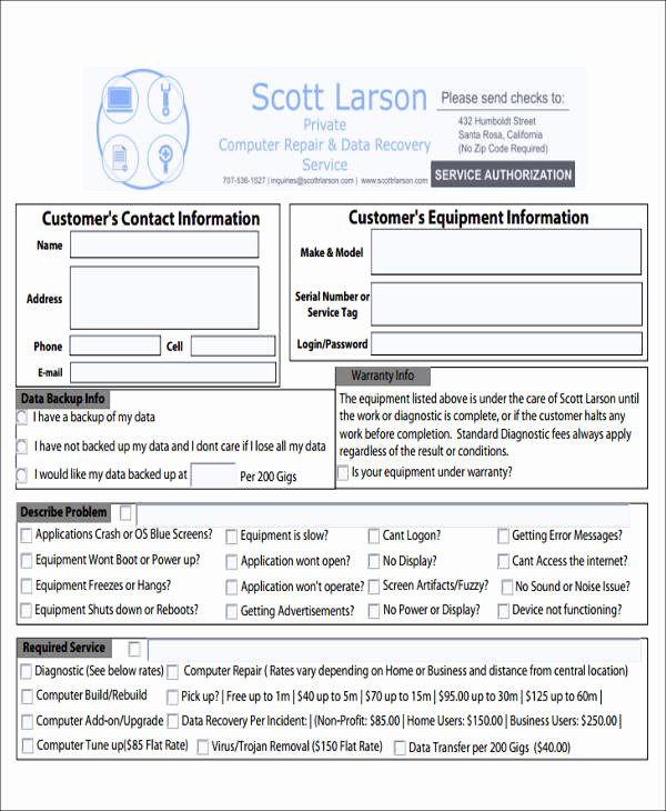 Computer Repair forms Templates Elegant 39 Sample Service forms In Pdf