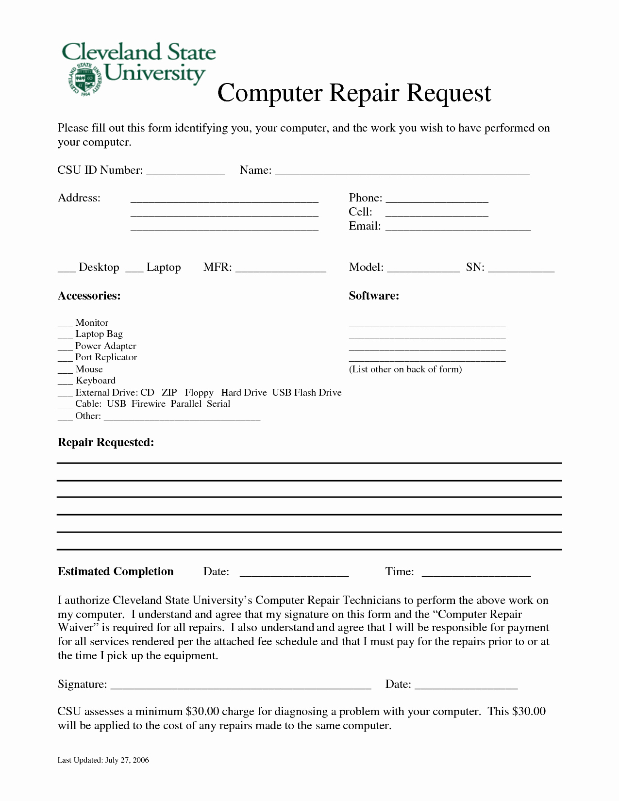 Computer Repair forms Templates Elegant Puter Repair forms Free Printable Documents