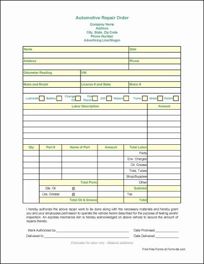 Computer Repair forms Templates Luxury Free Automotive Repair order From formville Automotive