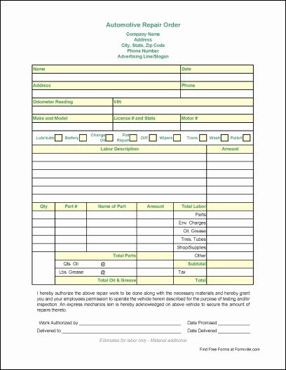 Computer Repair forms Templates Luxury Free Automotive Repair order From formville Automotive