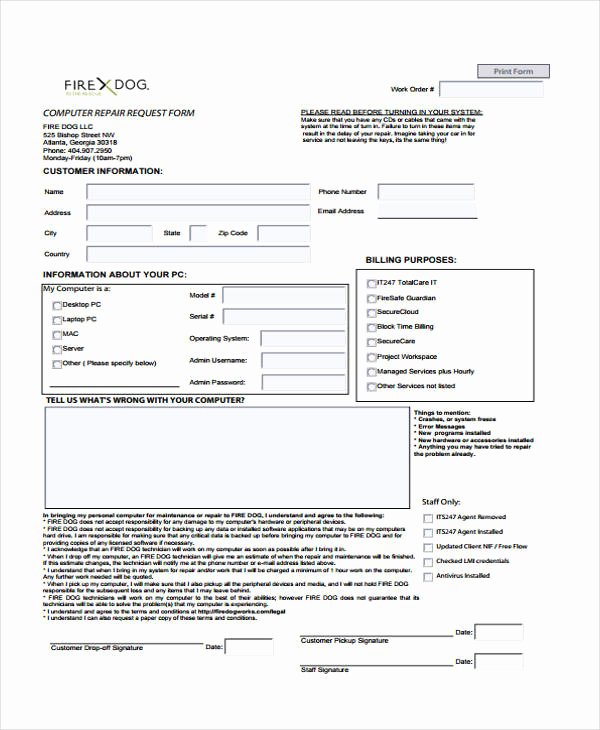 Computer Repair forms Templates New 20 Sample Work order forms