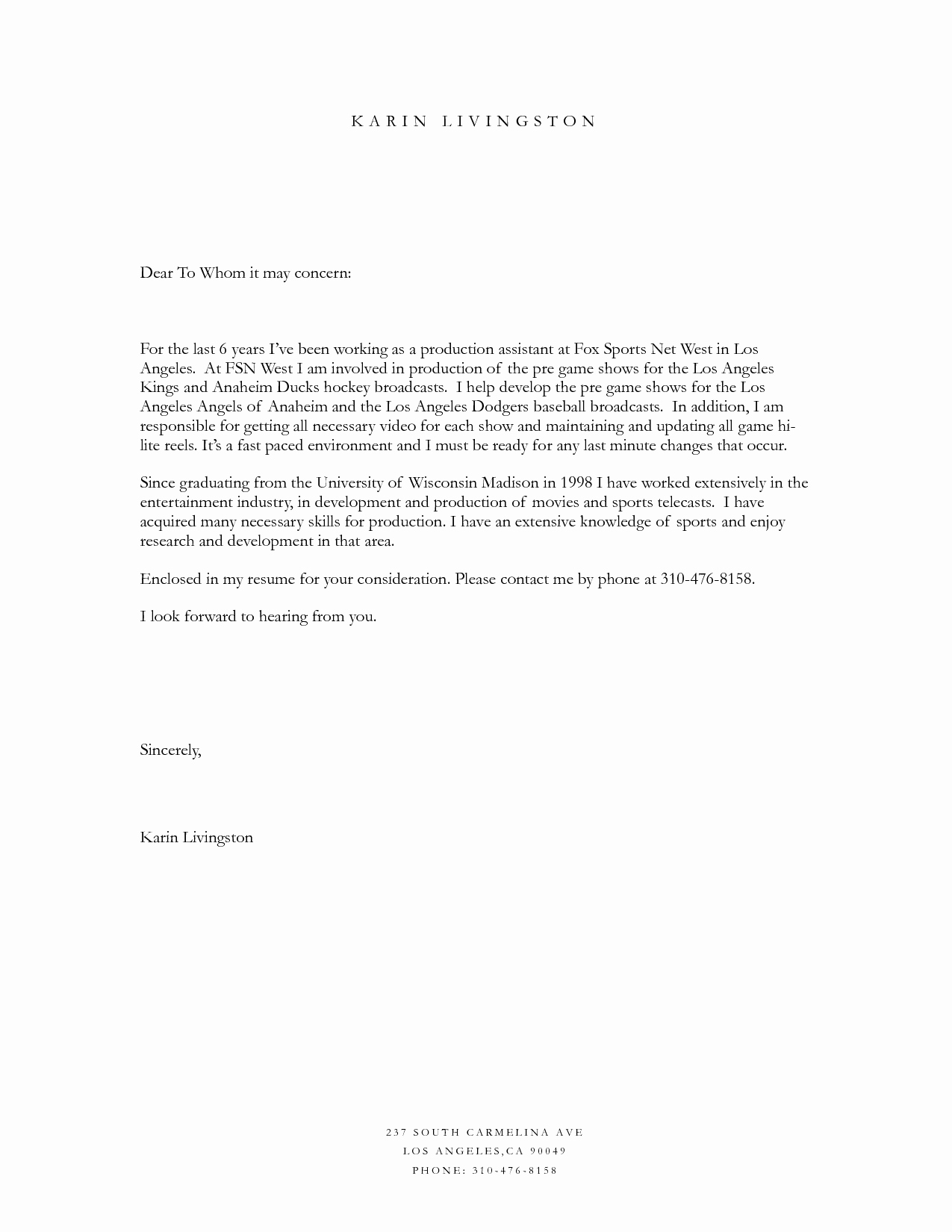Concerned Letter Sample Unique to whom It May Concern Cover Letter