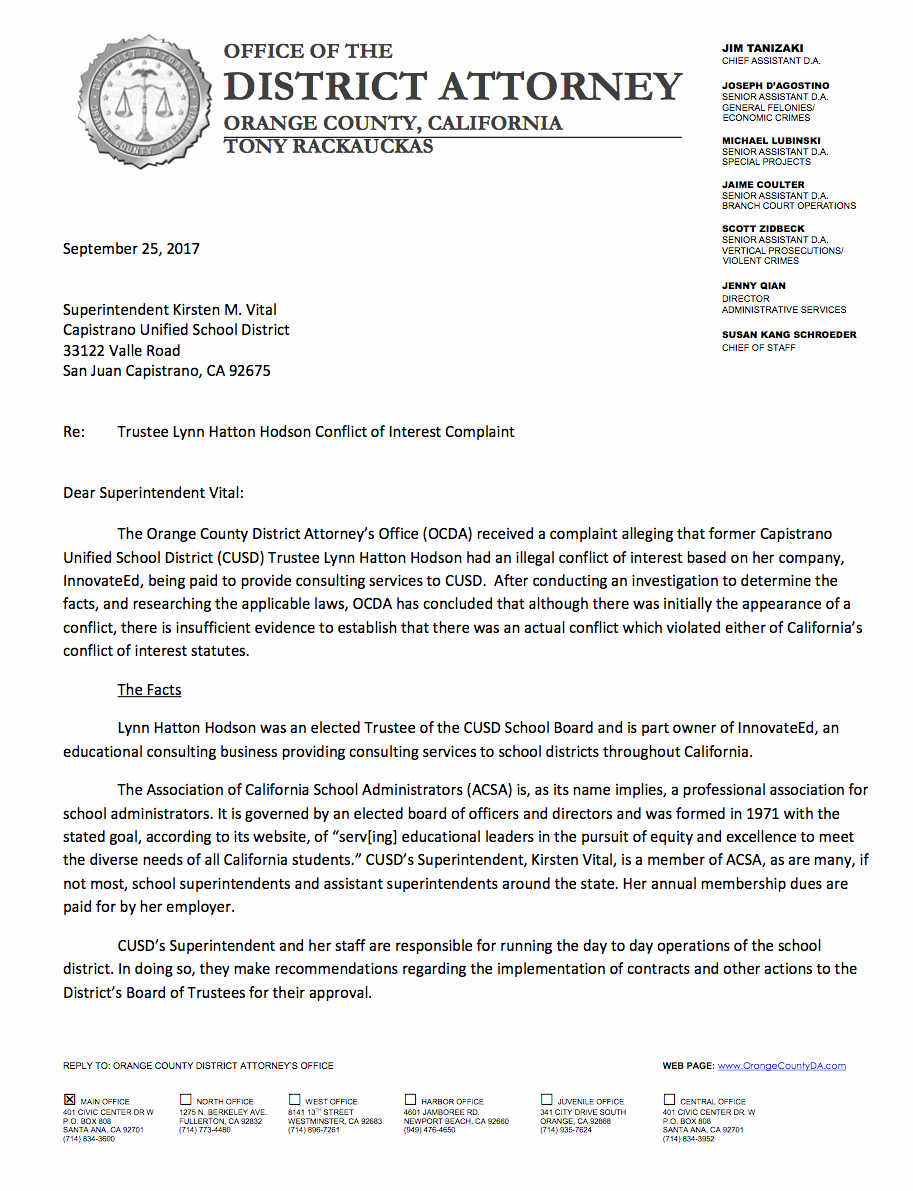 Conflict Of Interest Letter Awesome Cusdwatch Ocda Responds to Lynn Hatton Hodson Conflict Of