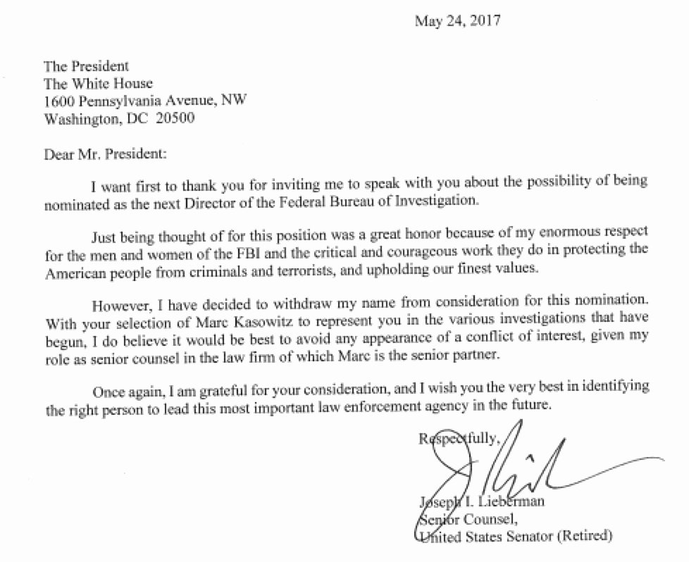 Conflict Of Interest Letter Awesome New former Sen Lieberman Sent Letter to Pres Trump