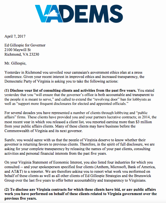 Conflict Of Interest Letter Unique Dpva Sends Letter to Gillespie Calling On Him to Disclose