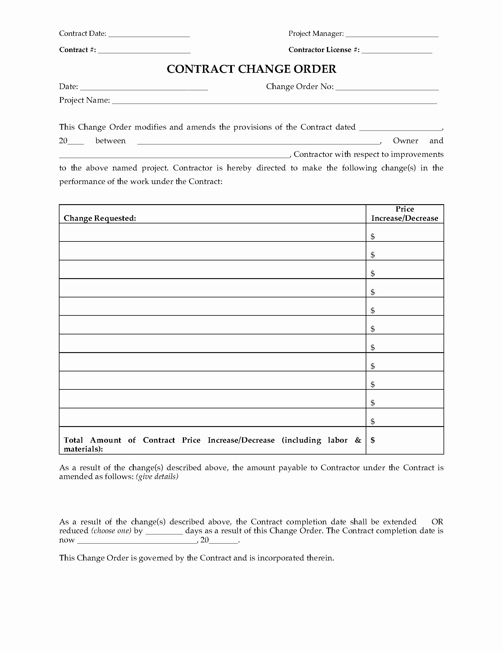Construction Change order Template Lovely Contract Change order