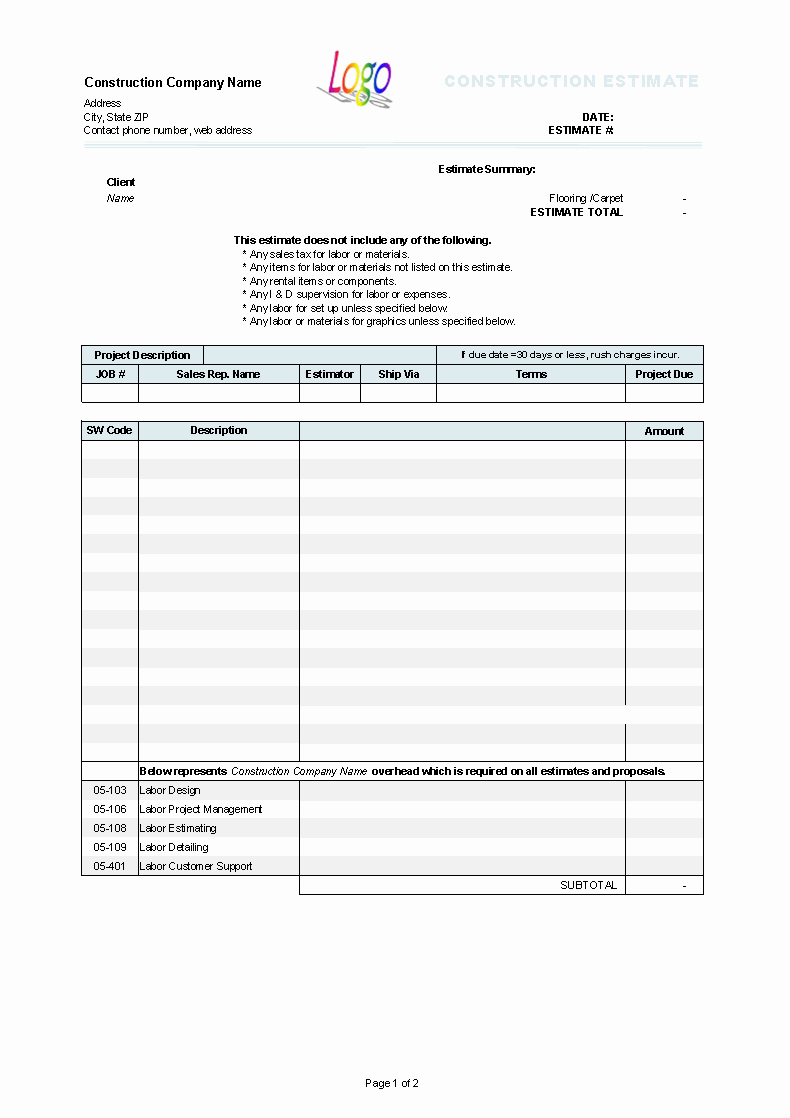 Construction Contract Template Free Download Awesome Construction Estimate Template Uniform Invoice software