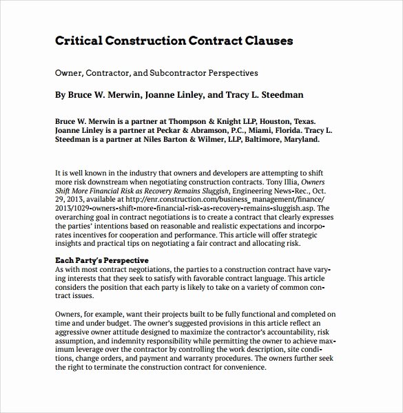 Construction Contract Template Free Download New Construction Contract 9 Download Documents In Pdf