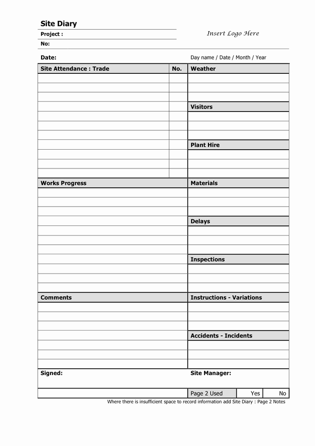 Construction Daily Log Template Fresh Site Diary Template In Word and Pdf formats
