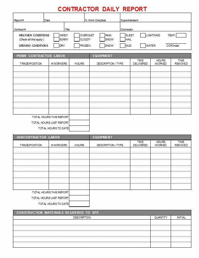 Construction Daily Log Template New Contractor Daily Report Cms