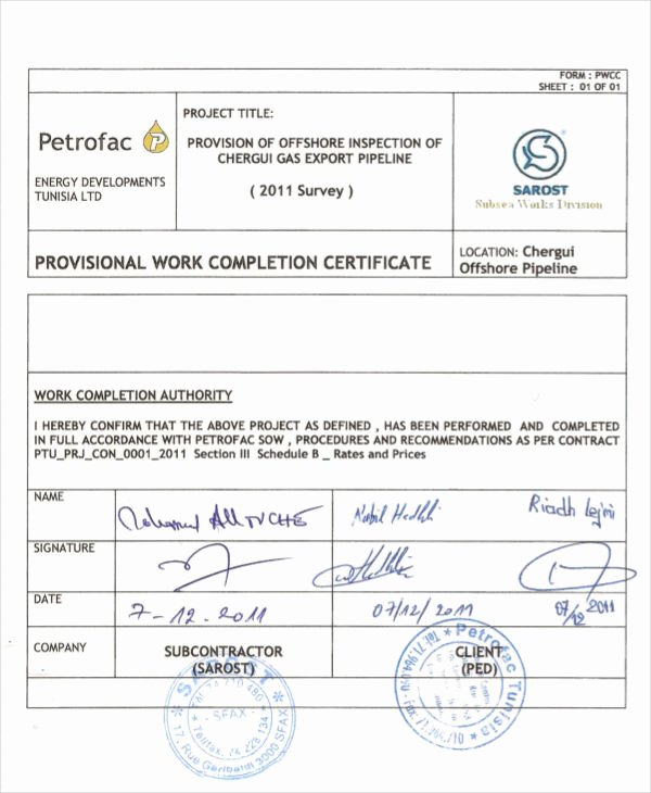 Construction Job Completion Sign Off form Luxury Construction Work Pletion Certificate Sample Letter