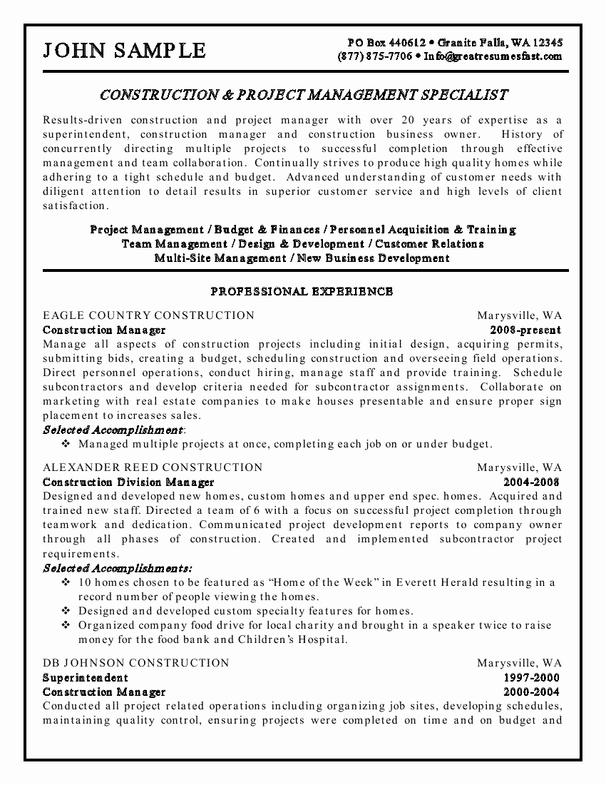 Construction Project Description Best Of Construction and Project Management Specialist Resume