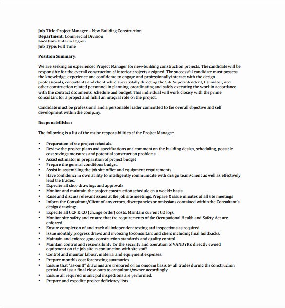 Construction Project Description Fresh 9 Project Manager Job Description Templates