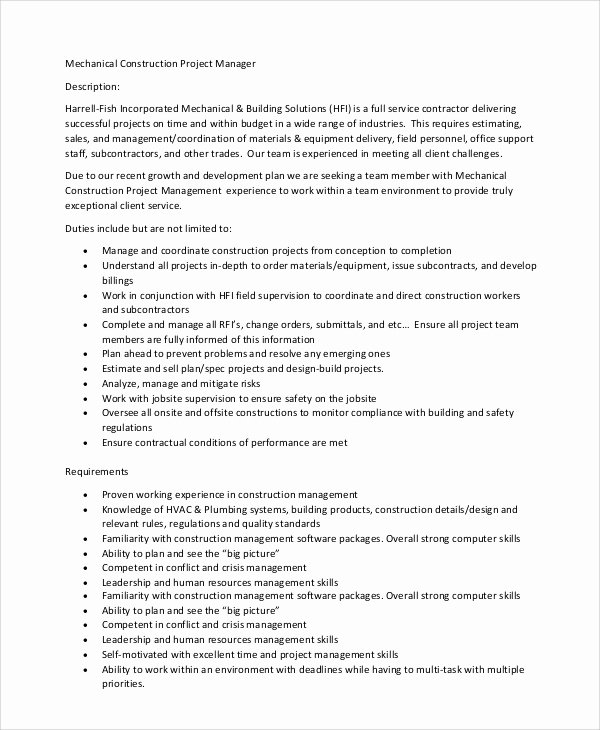 Construction Project Description Inspirational 8 Construction Project Manager Job Description Samples