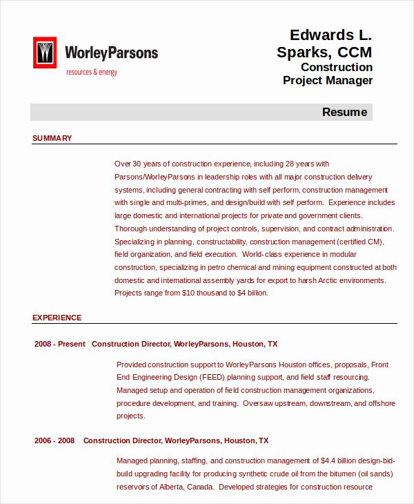 Construction Project Management Templates Awesome Project Management Resume Example 10 Free Word Pdf