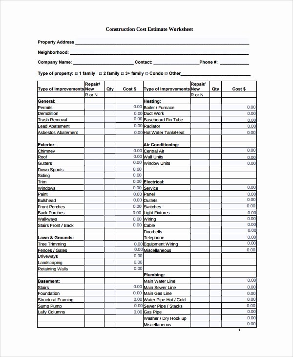 Construction Spec Sheet Template Inspirational Sample Estimate Sheet 9 Documents In Excel Pdf