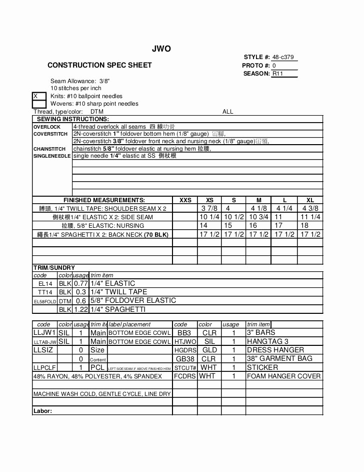 Construction Spec Sheet Template Lovely Nursing top Sewing Sheet