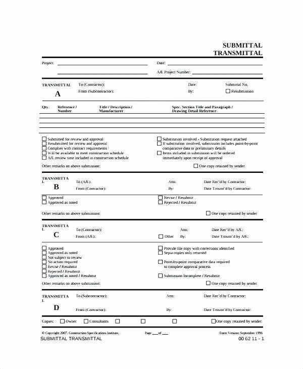 Construction Submittal form Template Best Of Transmittal form